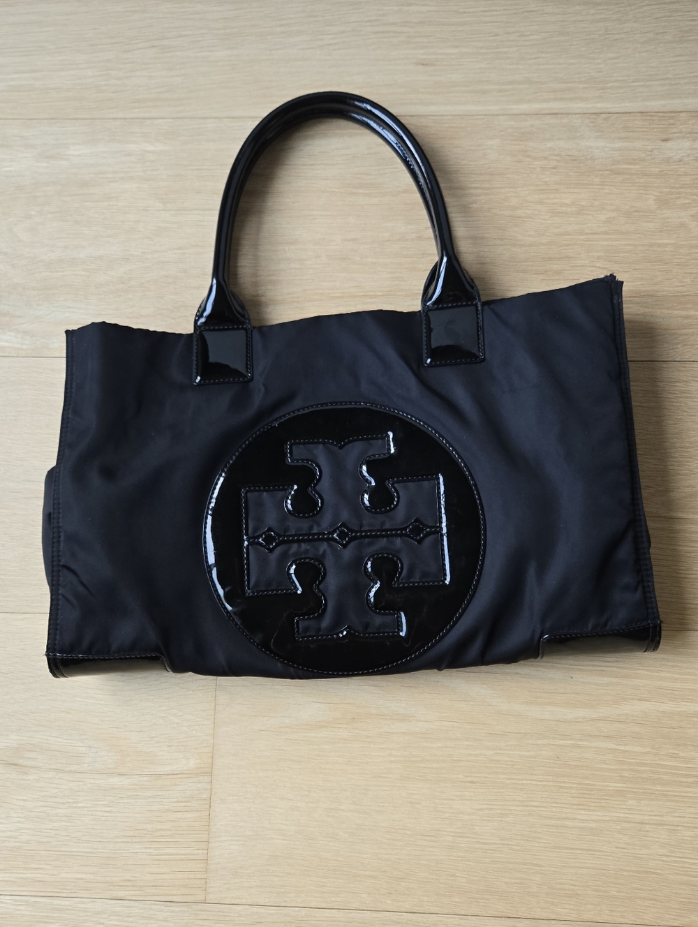 Black Tory Burch Large Ella Nylon Tote with Patent Logo, Handles & Corners - Picture 2 of 16